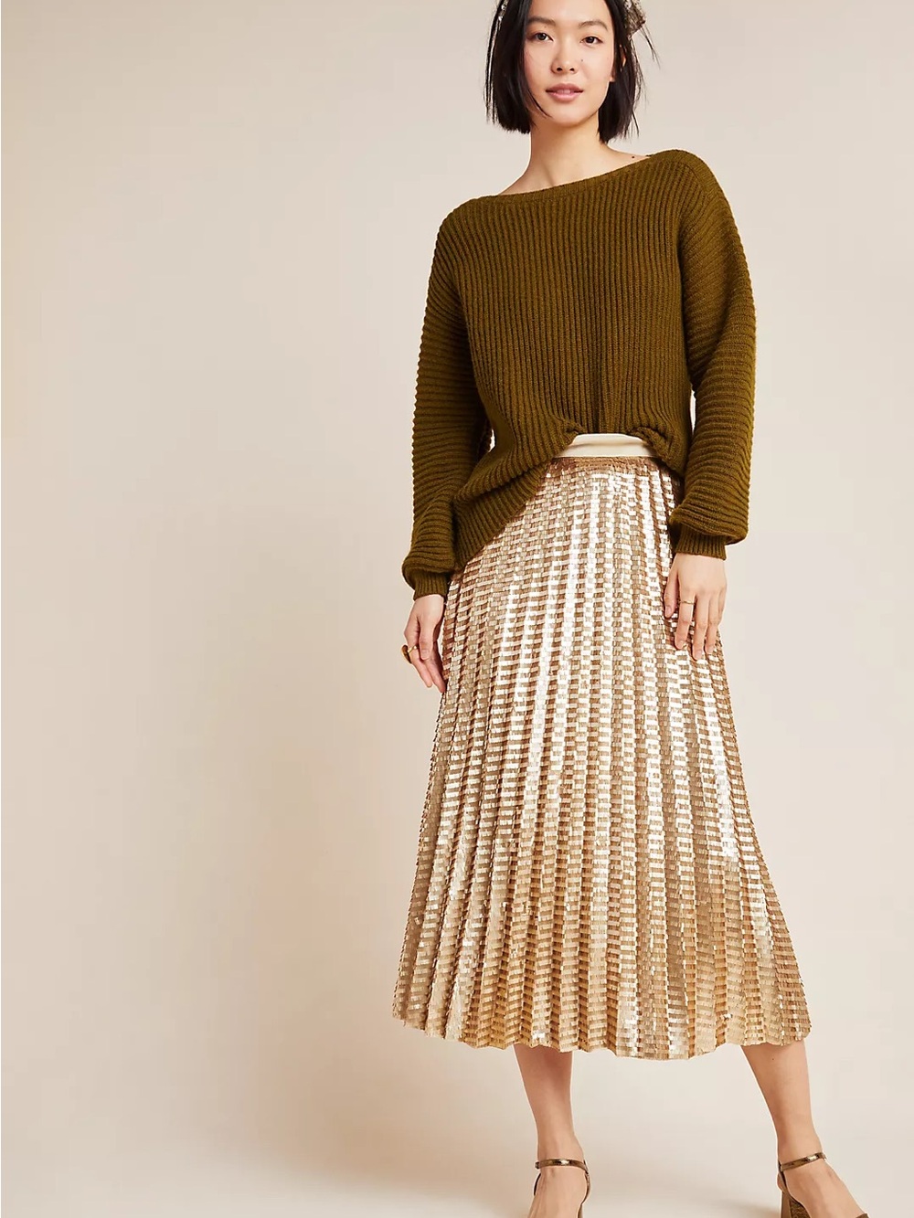 Maeve by Anthropologie Natalia Sequined Midi Skirt in Gold